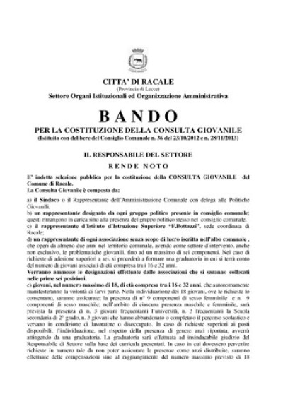 Bando per la costituzione della  Consulta Giovanile