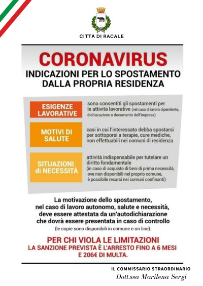 CORONAVIRUS -  Indicazioni per lo spostamento dalla propria residenza e modul...