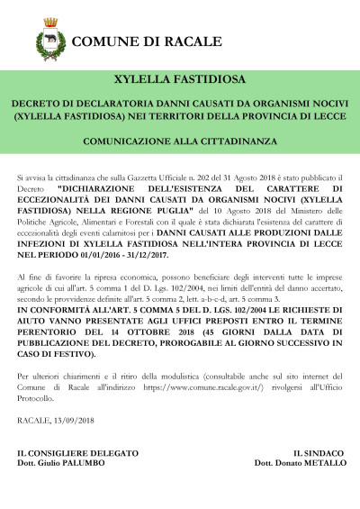 Xylella fastidiosa Decreto di declaratoria danni causati da organismi nocivi ...
